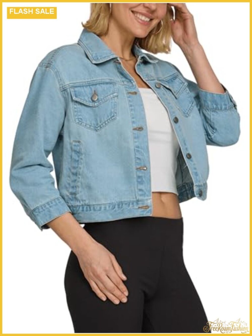Women's Cropped 3/4 Sleeve Denim Jacket with Pockets